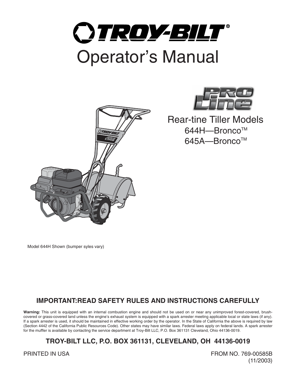 Troy-Bilt 644H-Bronco User Manual | 36 pages