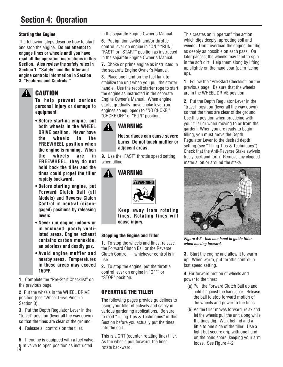 Caution, Warning | Troy-Bilt 644H-Bronco User Manual | Page 14 / 36