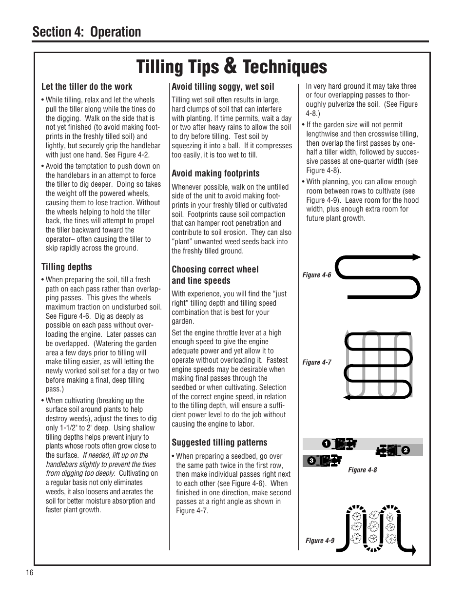 Tilling tips, Techniques | Troy-Bilt 644H-Bronco User Manual | Page 16 / 36