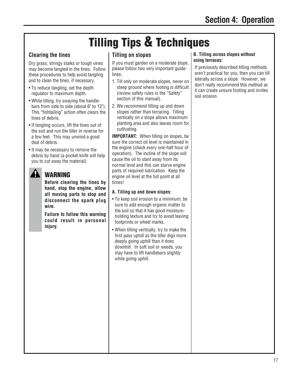 Tilling tips, Techniques | Troy-Bilt 644H-Bronco User Manual | Page 17 / 36