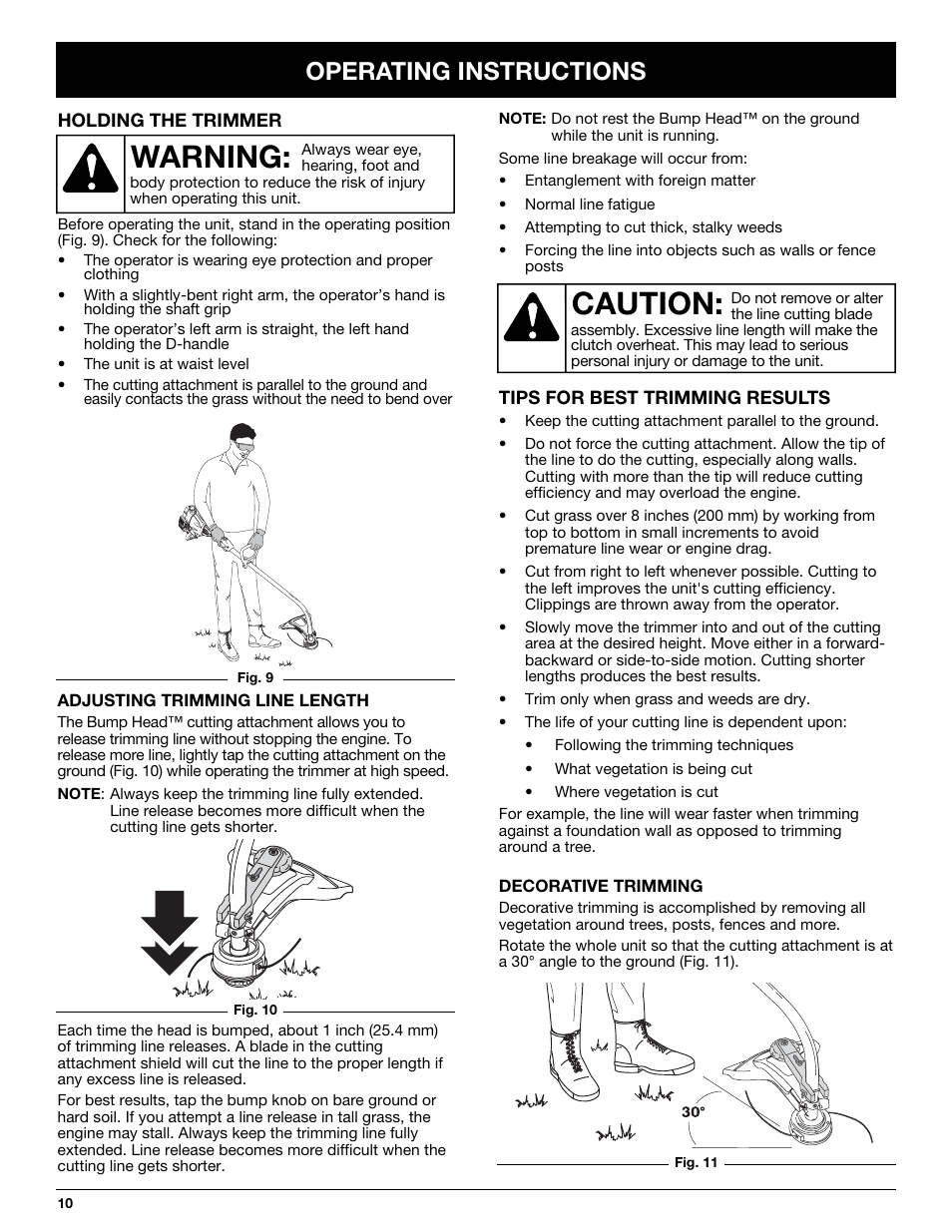 Caution, Warning, Operating instructions | Troy-Bilt TB10CS User Manual | Page 10 / 64