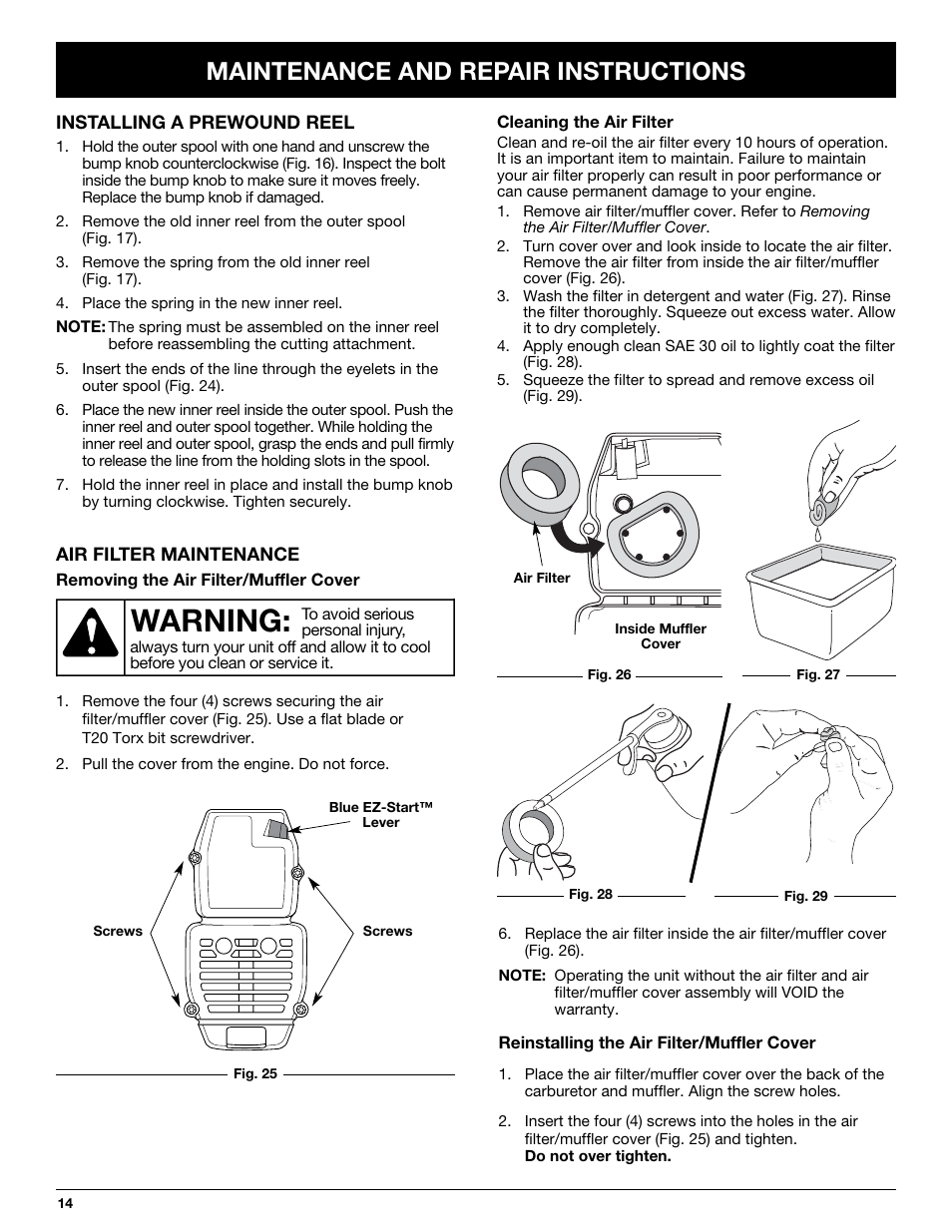 Warning, Maintenance and repair instructions | Troy-Bilt TB10CS User Manual | Page 14 / 64