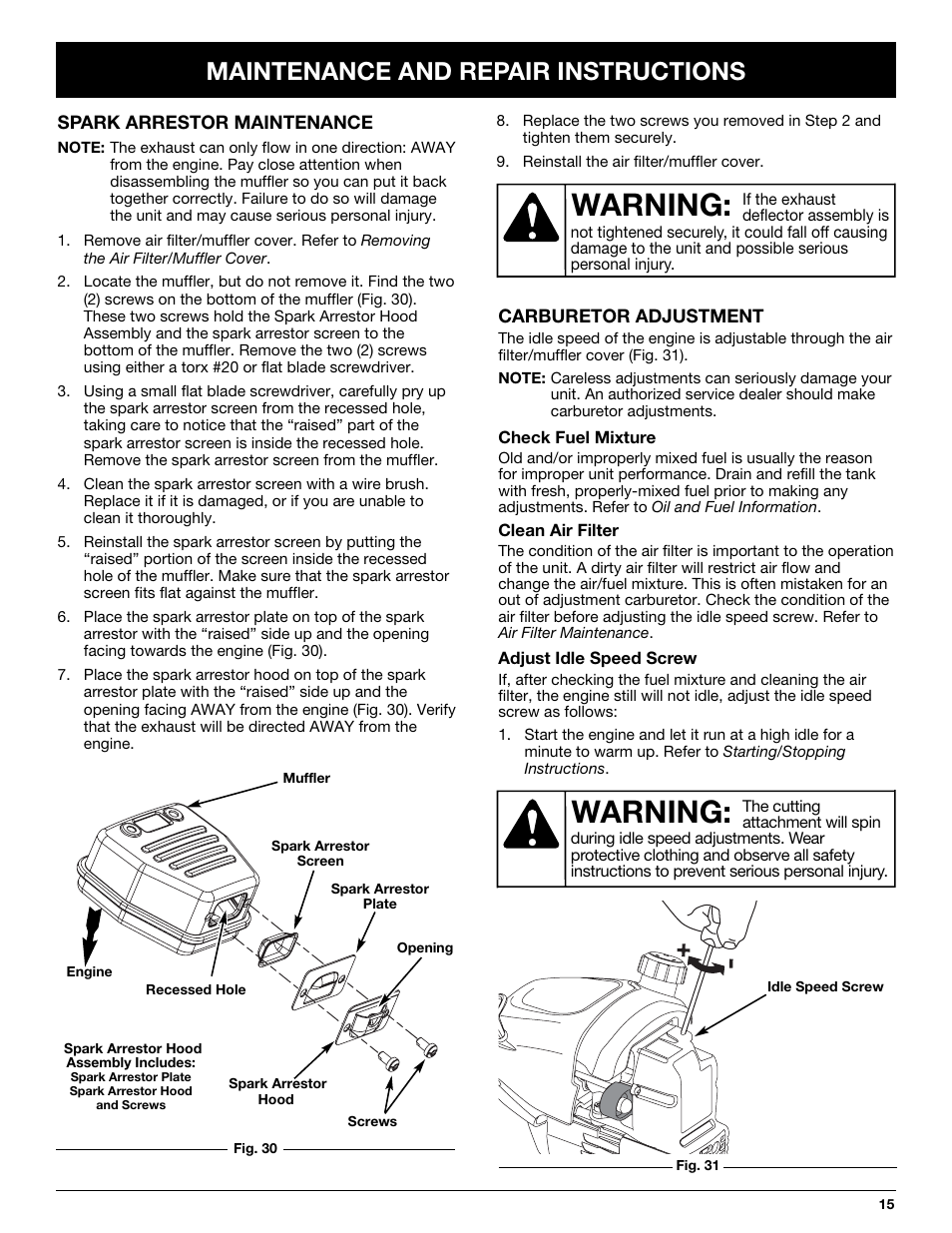 Warning, Maintenance and repair instructions | Troy-Bilt TB10CS User Manual | Page 15 / 64