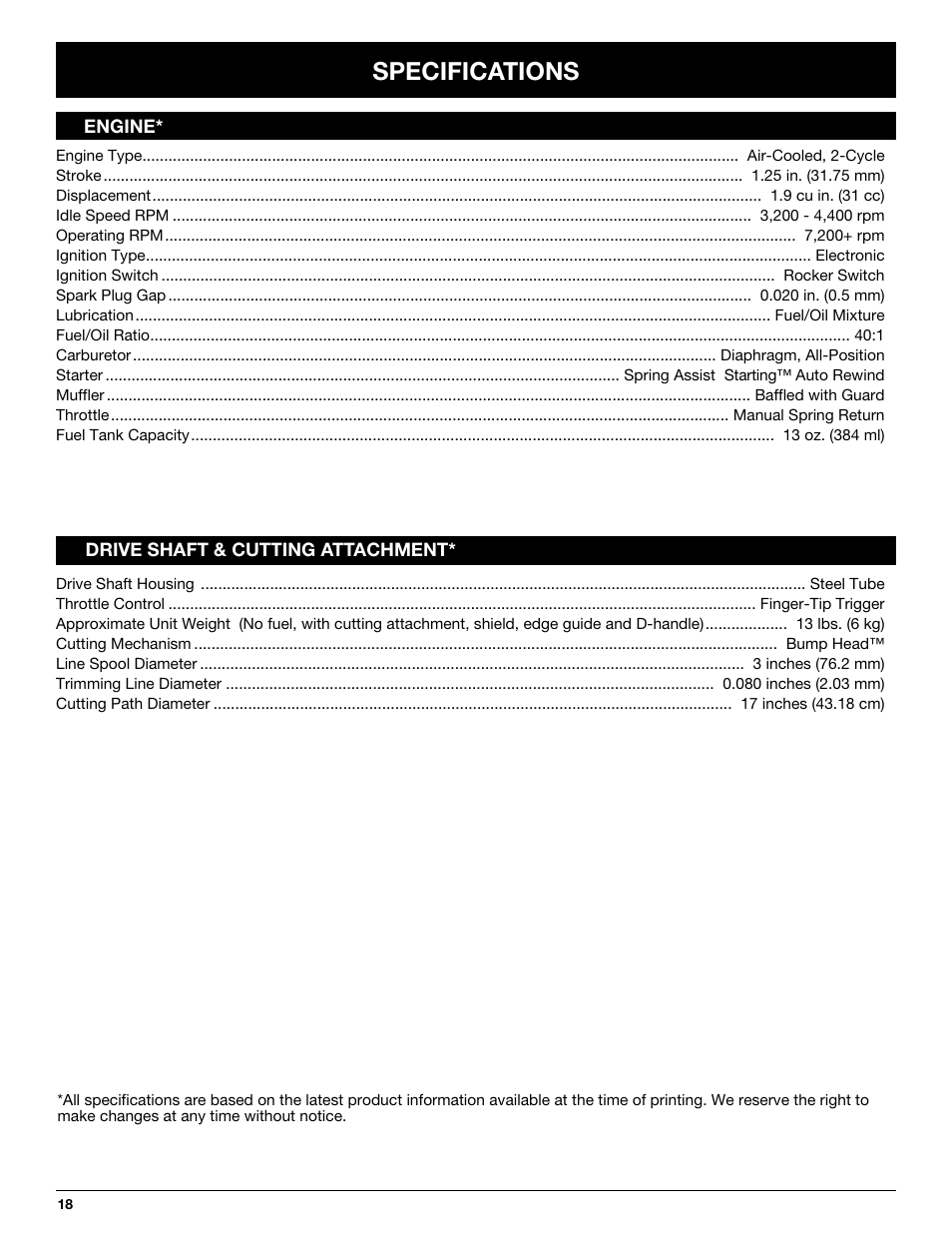 Specifications | Troy-Bilt TB10CS User Manual | Page 18 / 64