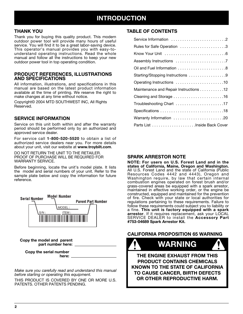 Warning, Introduction | Troy-Bilt TB10CS User Manual | Page 2 / 64