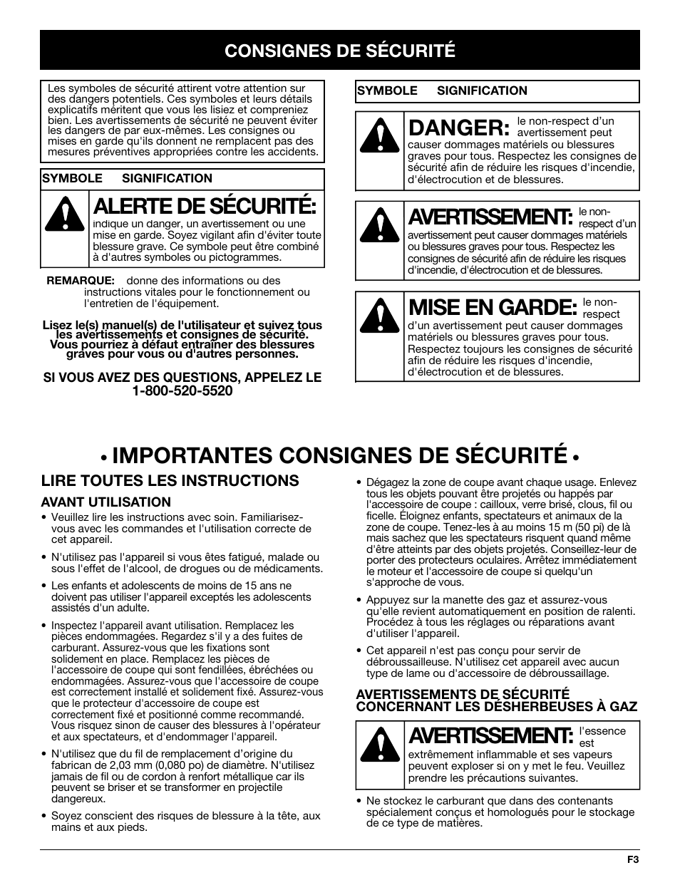 Avertissement, Danger, Mise en garde | Alerte de sécurité, Importantes consignes de sécurité, Consignes de sécurité | Troy-Bilt TB10CS User Manual | Page 23 / 64