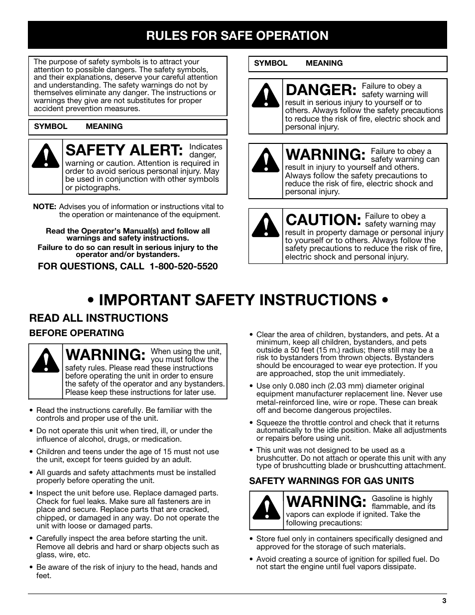 Warning: • important safety instructions, Warning, Danger | Caution, Safety alert, Rules for safe operation, Read all instructions | Troy-Bilt TB10CS User Manual | Page 3 / 64
