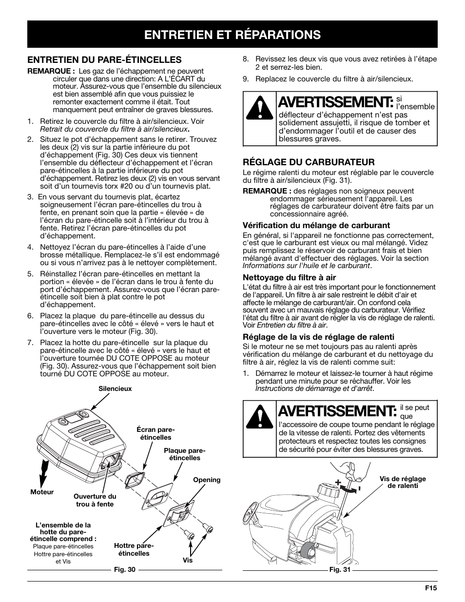Avertissement, Entretien et réparations | Troy-Bilt TB10CS User Manual | Page 35 / 64