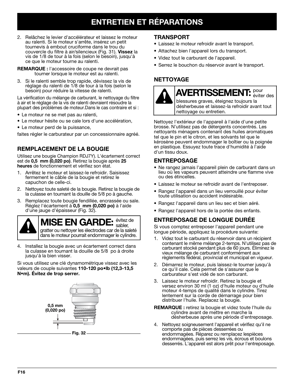 Avertissement, Mise en garde, Entretien et réparations | Troy-Bilt TB10CS User Manual | Page 36 / 64