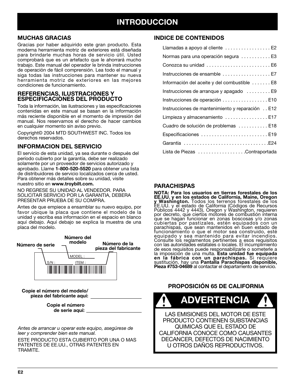 Advertencia, Introduccion | Troy-Bilt TB10CS User Manual | Page 42 / 64