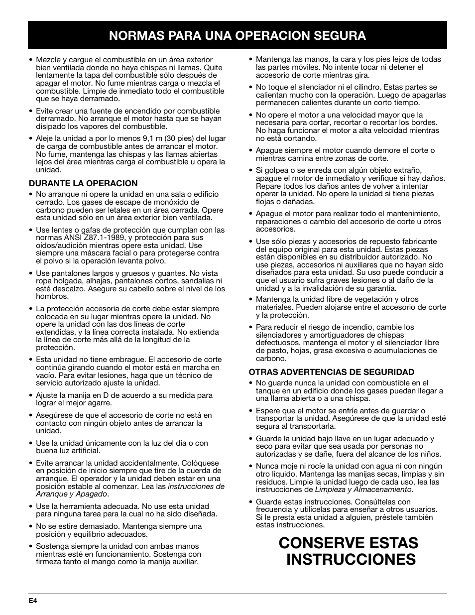 Conserve estas instrucciones, Normas para una operacion segura | Troy-Bilt TB10CS User Manual | Page 44 / 64