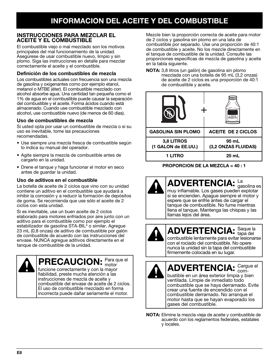 Precaucion, Advertencia, Informacion del aceite y del combustible | Troy-Bilt TB10CS User Manual | Page 48 / 64