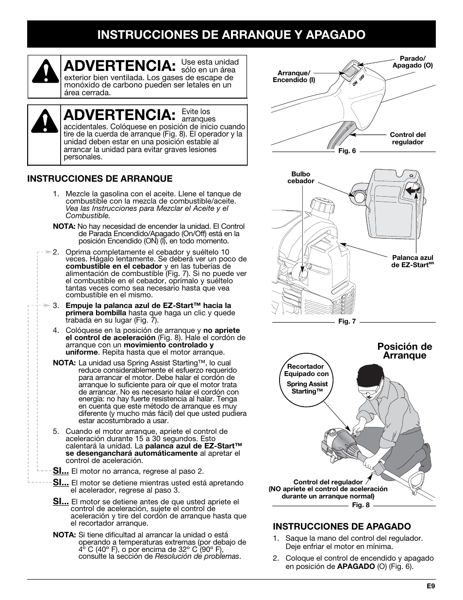 Advertencia, Instrucciones de arranque y apagado, Posición de arranque | Troy-Bilt TB10CS User Manual | Page 49 / 64