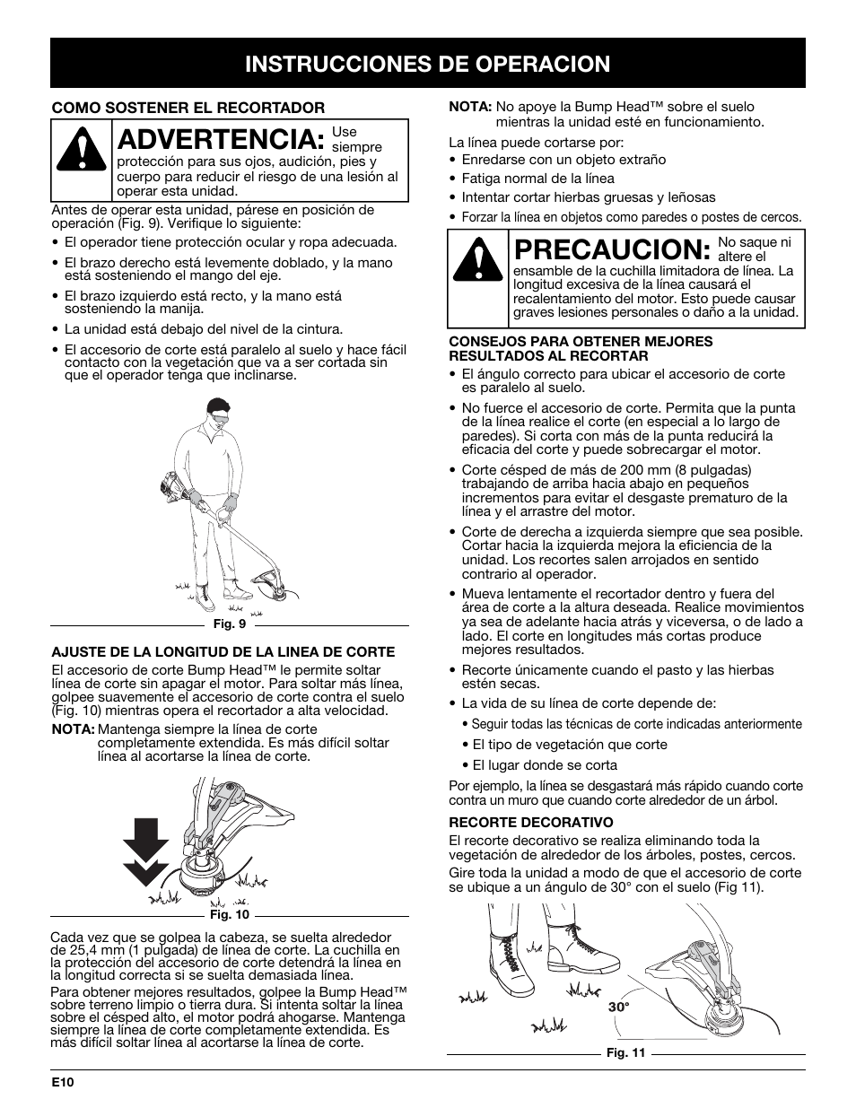 Precaucion, Advertencia, Instrucciones de operacion | Troy-Bilt TB10CS User Manual | Page 50 / 64