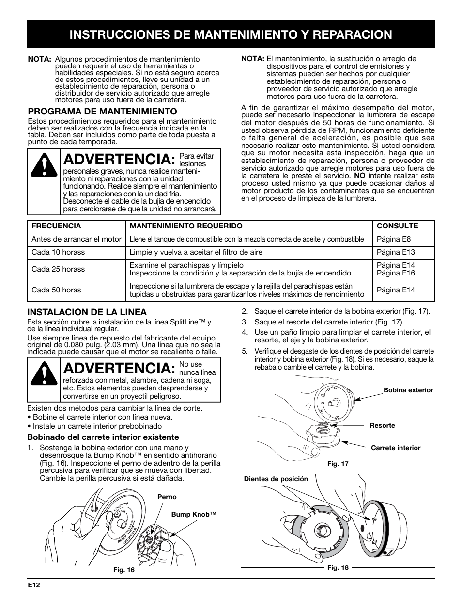 Advertencia, Instrucciones de mantenimiento y reparacion | Troy-Bilt TB10CS User Manual | Page 52 / 64