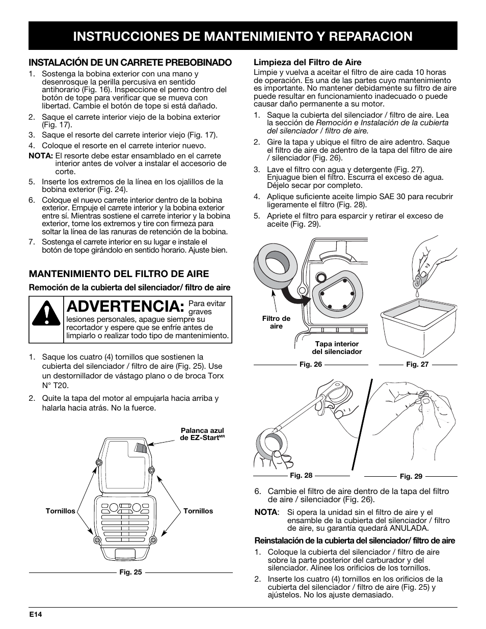 Advertencia, Instrucciones de mantenimiento y reparacion | Troy-Bilt TB10CS User Manual | Page 54 / 64