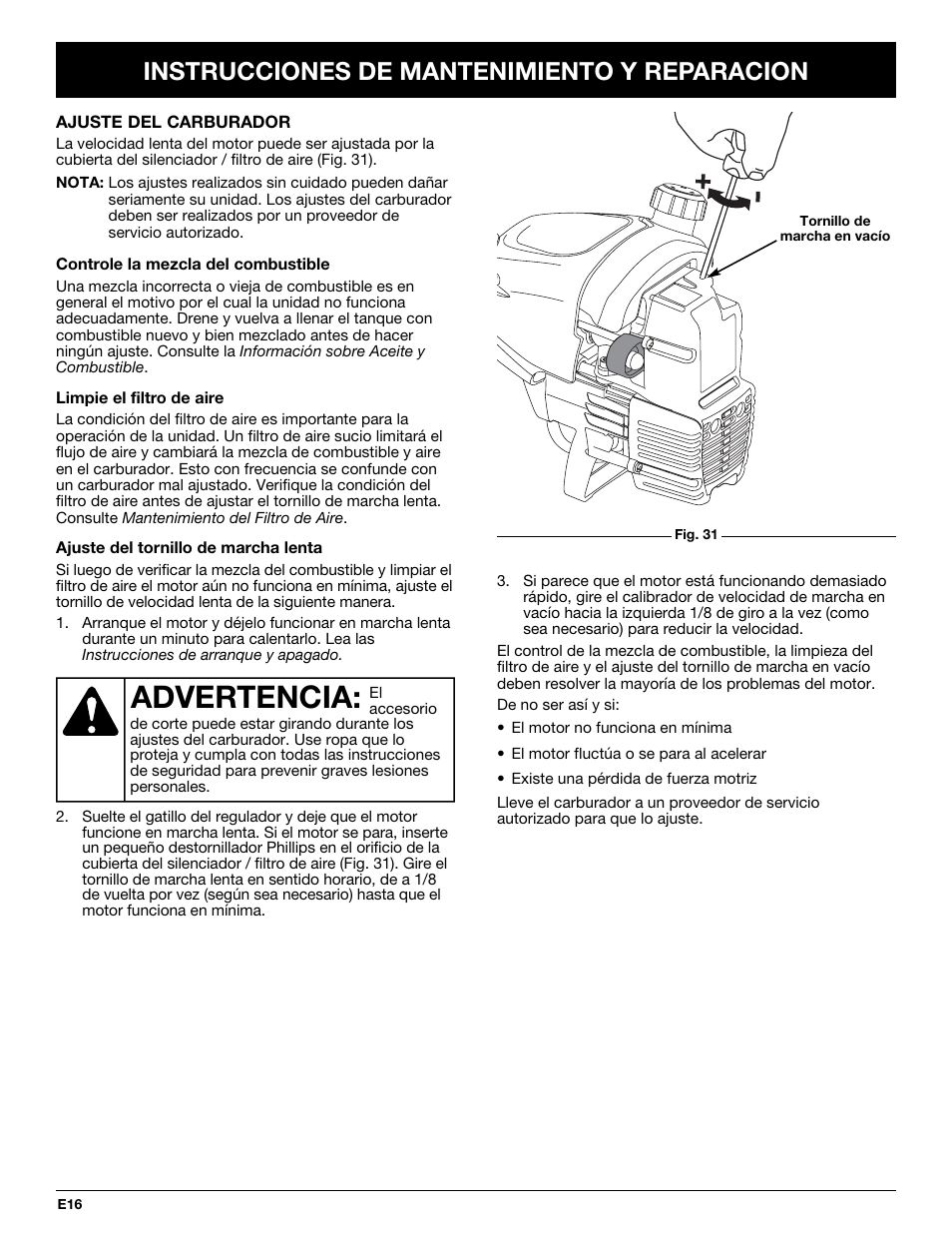 Advertencia, Instrucciones de mantenimiento y reparacion | Troy-Bilt TB10CS User Manual | Page 56 / 64