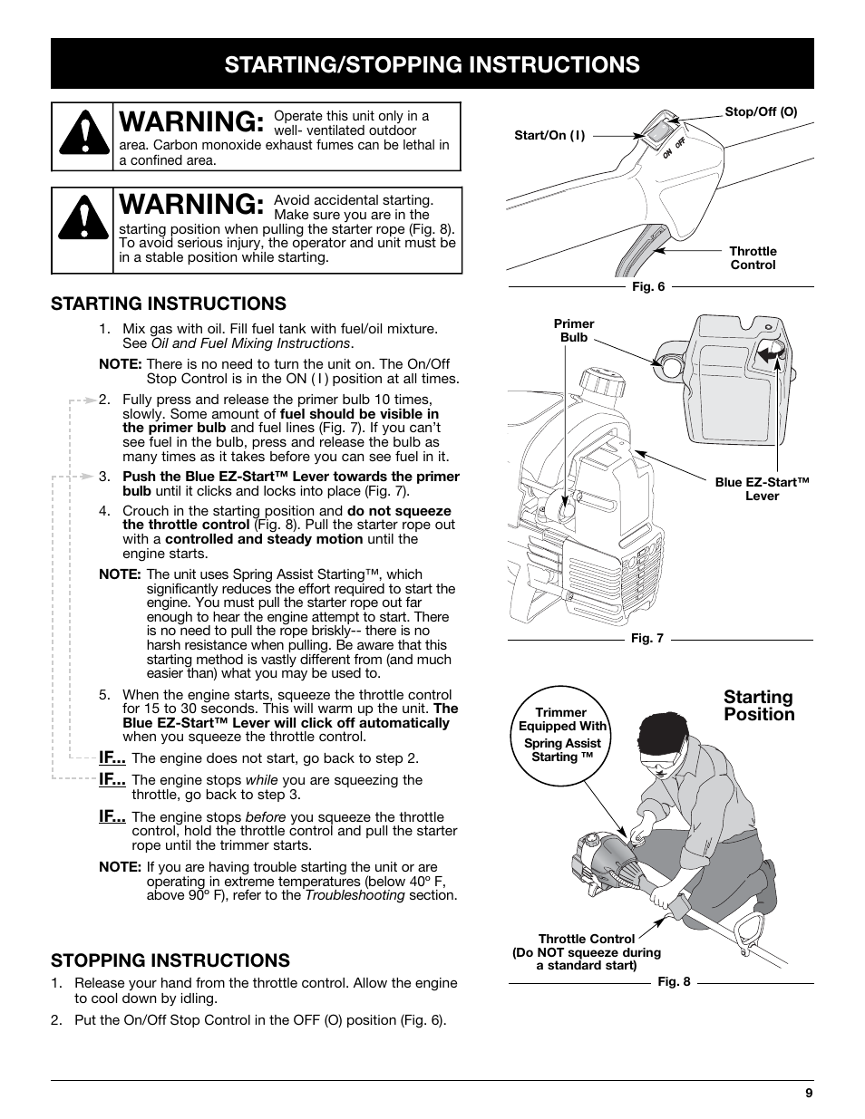 Warning, Starting/stopping instructions, Starting instructions | Stopping instructions, Starting position | Troy-Bilt TB10CS User Manual | Page 9 / 64