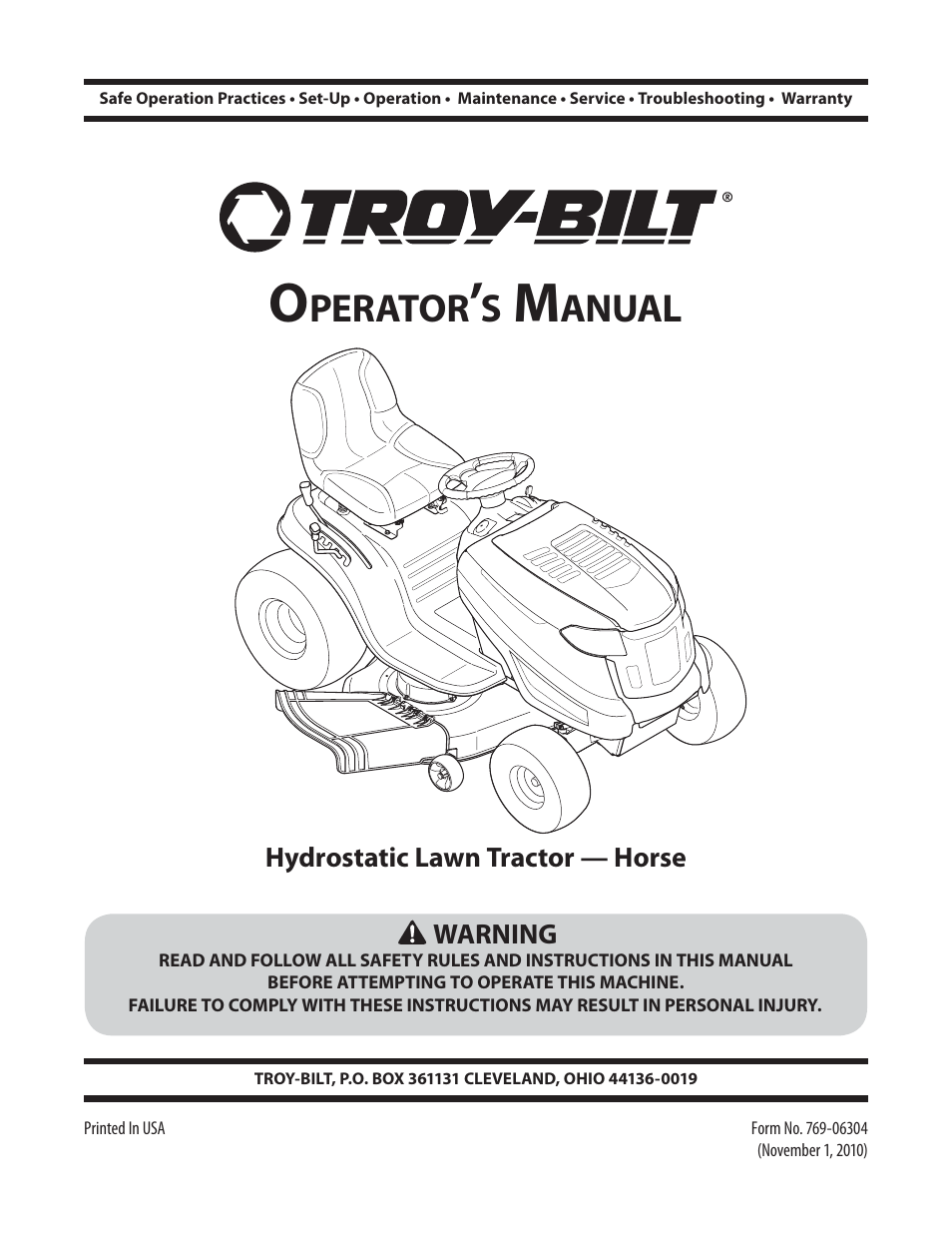 Troy-Bilt HYDROSTATIC LAWN TRACTOR - HORSE 769-06304 User Manual | 64 pages