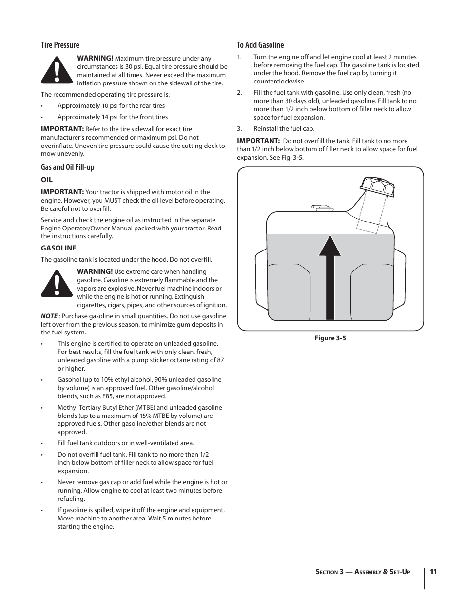Tire pressure, Gas and oil fill-up | Troy-Bilt HYDROSTATIC LAWN TRACTOR - HORSE 769-06304 User Manual | Page 11 / 64