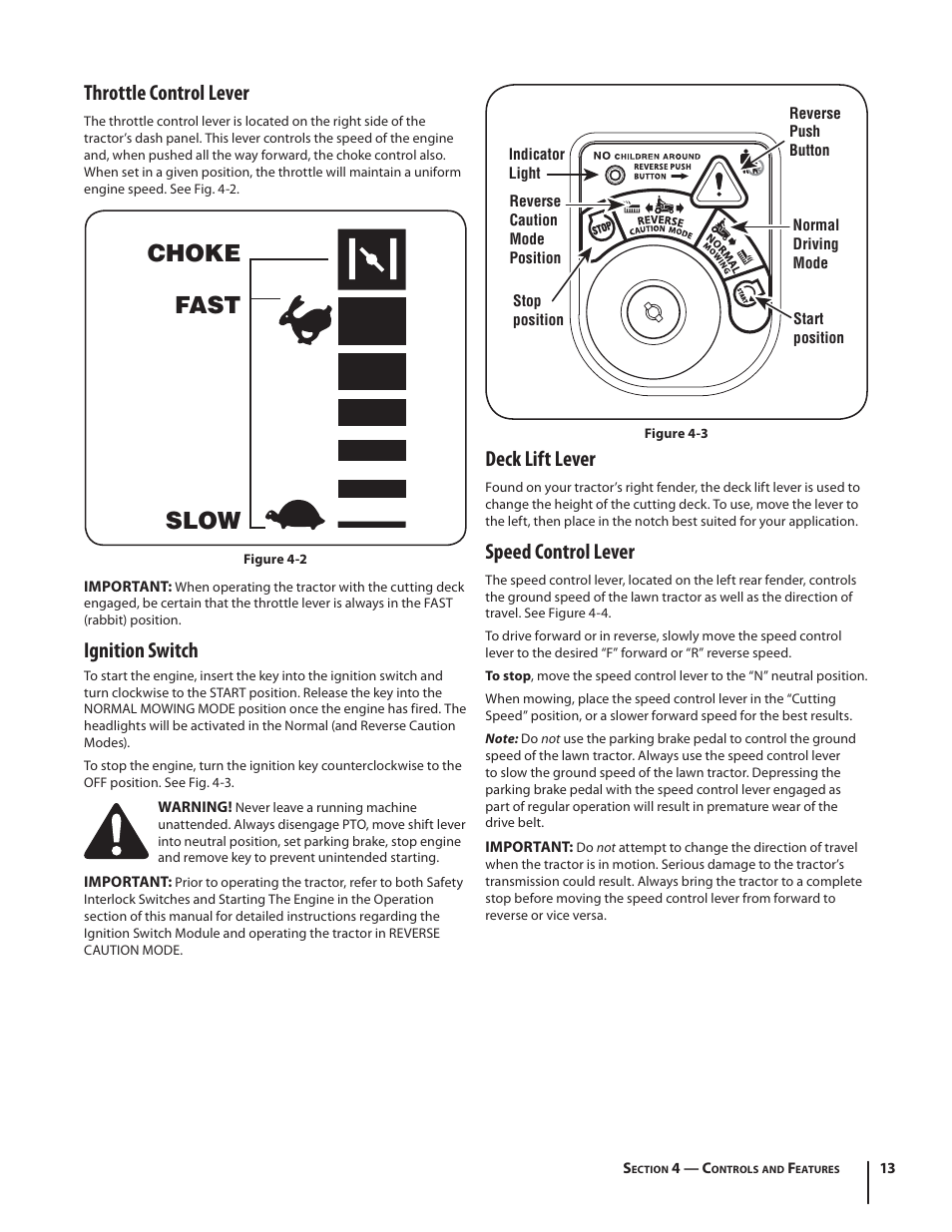 Fast slow choke, Throttle control lever, Ignition switch | Deck lift lever, Speed control lever | Troy-Bilt HYDROSTATIC LAWN TRACTOR - HORSE 769-06304 User Manual | Page 13 / 64