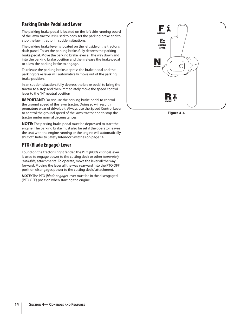 Parking brake pedal and lever, Pto (blade engage) lever | Troy-Bilt HYDROSTATIC LAWN TRACTOR - HORSE 769-06304 User Manual | Page 14 / 64