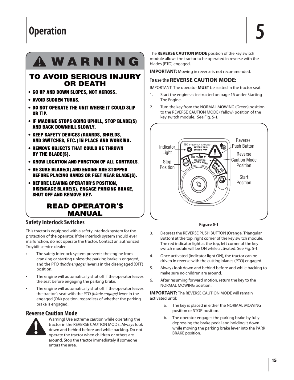 Operation, Safety interlock switches, Reverse caution mode | Troy-Bilt HYDROSTATIC LAWN TRACTOR - HORSE 769-06304 User Manual | Page 15 / 64