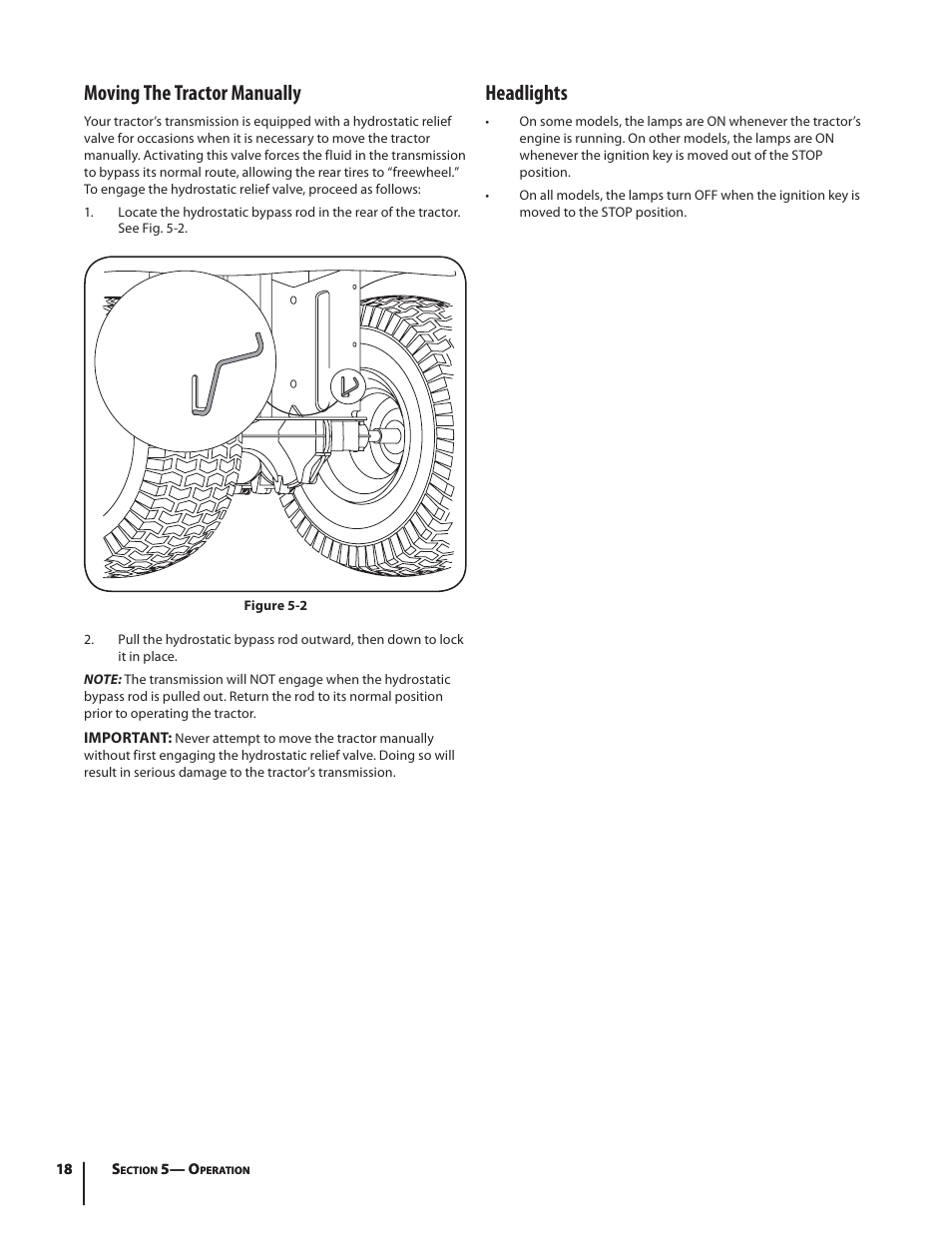 Moving the tractor manually, Headlights | Troy-Bilt HYDROSTATIC LAWN TRACTOR - HORSE 769-06304 User Manual | Page 18 / 64