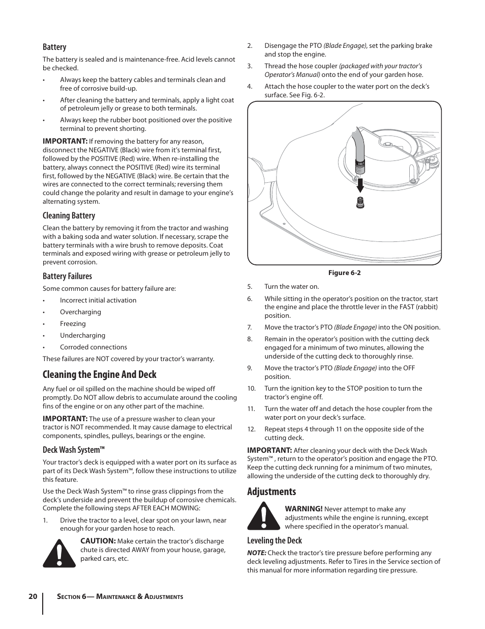 Cleaning the engine and deck, Adjustments, Battery | Cleaning battery, Battery failures, Deck wash system, Leveling the deck | Troy-Bilt HYDROSTATIC LAWN TRACTOR - HORSE 769-06304 User Manual | Page 20 / 64
