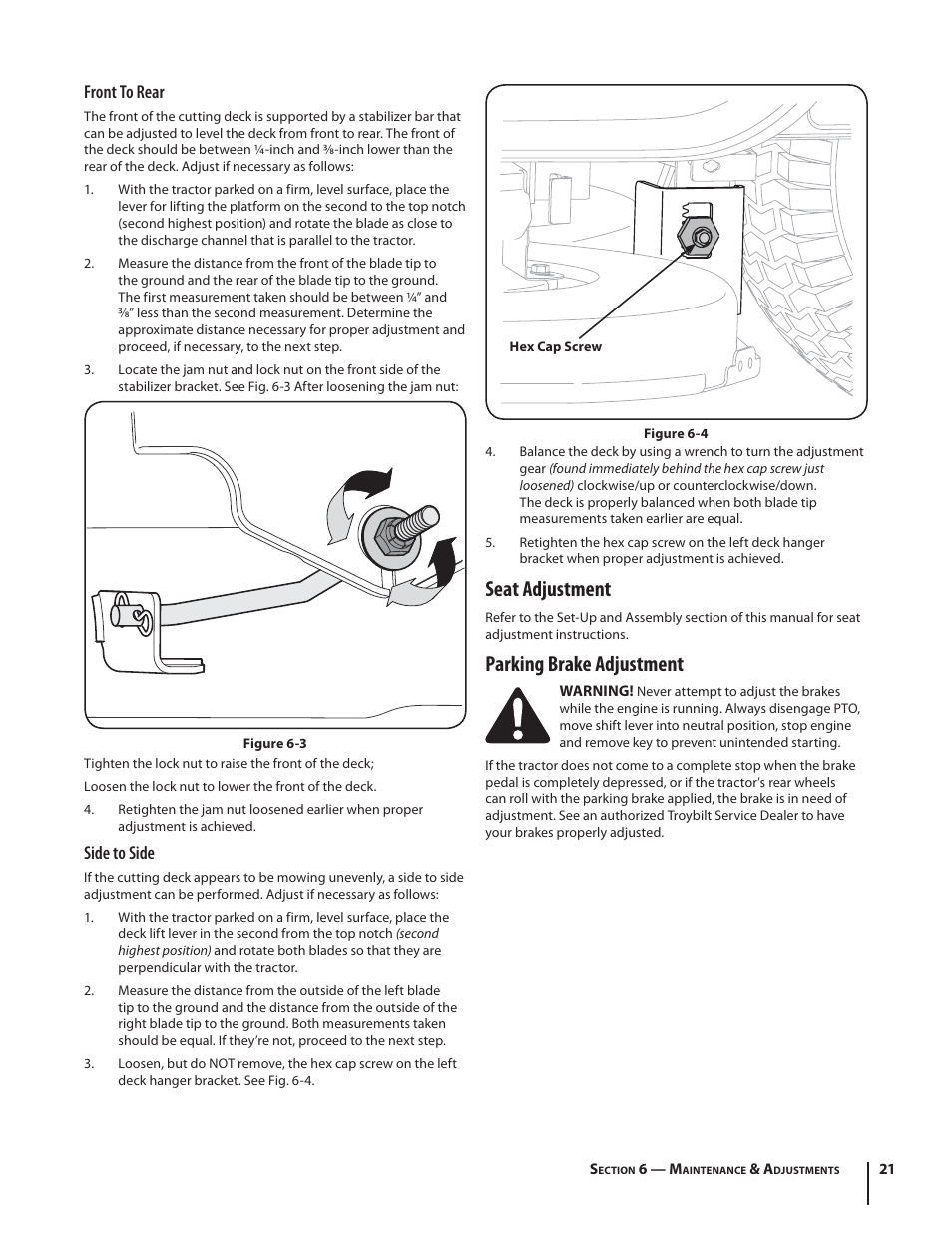 Seat adjustment, Parking brake adjustment, Front to rear | Side to side | Troy-Bilt HYDROSTATIC LAWN TRACTOR - HORSE 769-06304 User Manual | Page 21 / 64