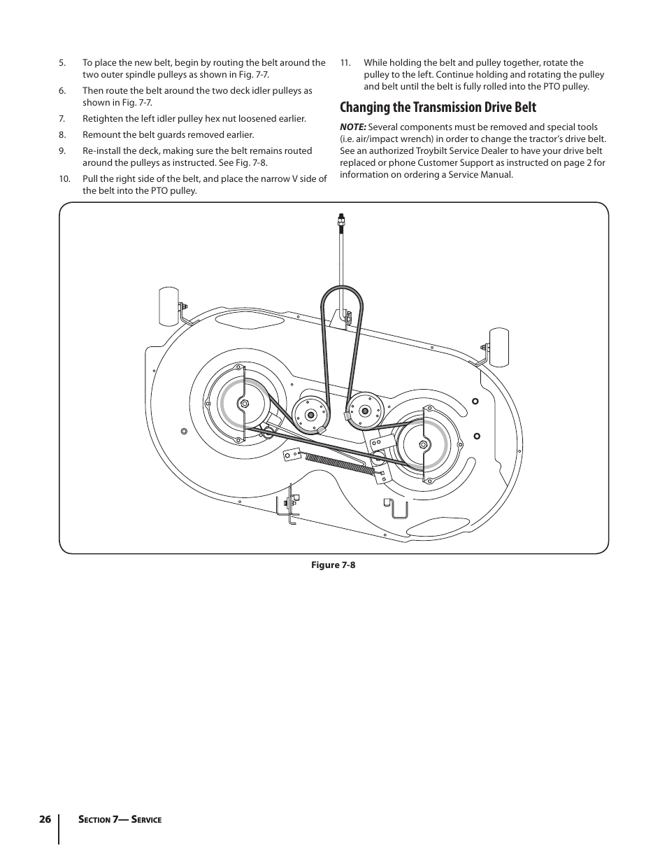 Changing the transmission drive belt | Troy-Bilt HYDROSTATIC LAWN TRACTOR - HORSE 769-06304 User Manual | Page 26 / 64
