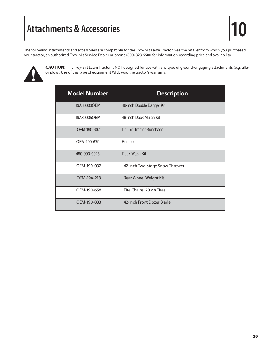 Attachments & accessories | Troy-Bilt HYDROSTATIC LAWN TRACTOR - HORSE 769-06304 User Manual | Page 29 / 64