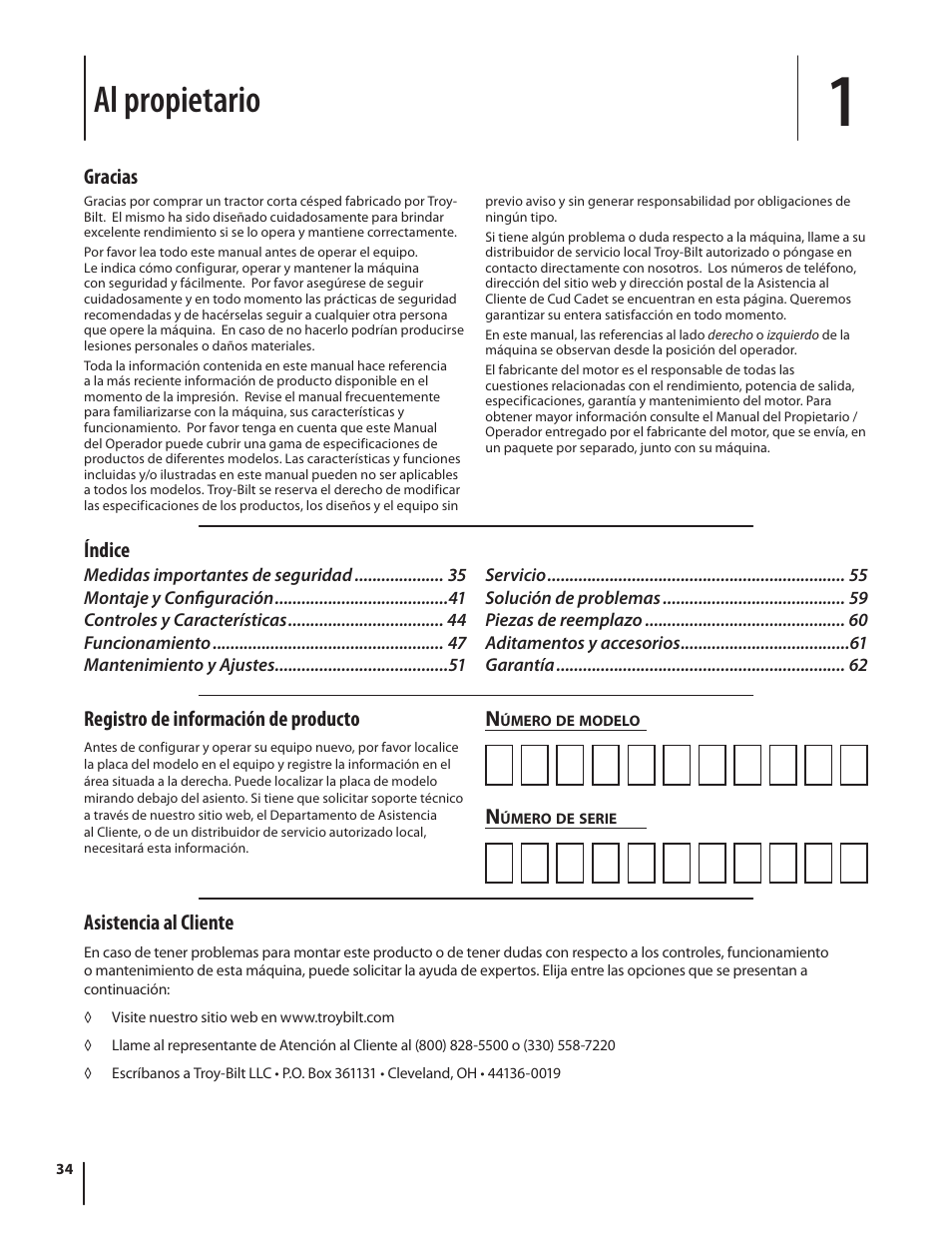 Al propietario, Asistencia al cliente, Gracias registro de información de producto | Índice | Troy-Bilt HYDROSTATIC LAWN TRACTOR - HORSE 769-06304 User Manual | Page 34 / 64
