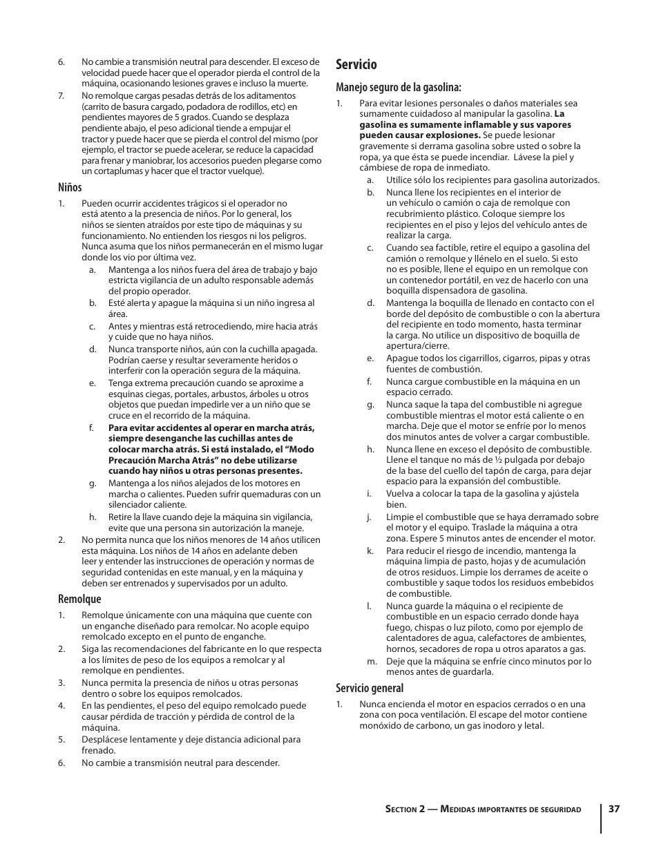 Servicio, Niños, Remolque | Manejo seguro de la gasolina, Servicio general | Troy-Bilt HYDROSTATIC LAWN TRACTOR - HORSE 769-06304 User Manual | Page 37 / 64