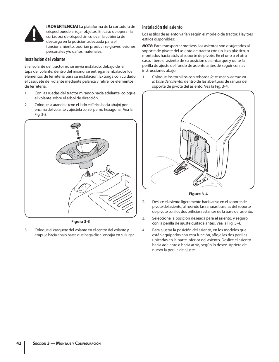 Instalación del volante, Instalación del asiento | Troy-Bilt HYDROSTATIC LAWN TRACTOR - HORSE 769-06304 User Manual | Page 42 / 64