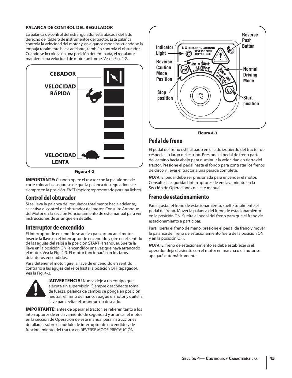 Control del obturador, Interruptor de encendido, Pedal de freno | Freno de estacionamiento | Troy-Bilt HYDROSTATIC LAWN TRACTOR - HORSE 769-06304 User Manual | Page 45 / 64