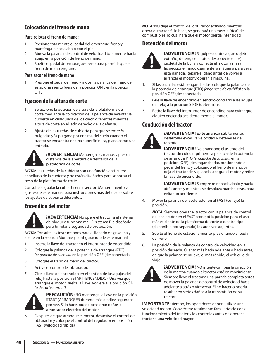 Colocación del freno de mano, Fijación de la altura de corte, Encendido del motor | Detención del motor, Conducción del tractor, Para colocar el freno de mano, Para sacar el freno de mano | Troy-Bilt HYDROSTATIC LAWN TRACTOR - HORSE 769-06304 User Manual | Page 48 / 64