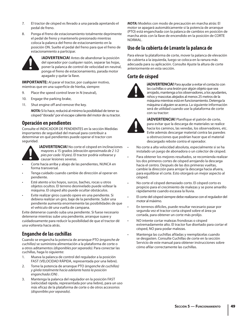 Operación en pendientes, Enganche de las cuchillas, Uso de la cubierta de levante la palanca de | Corte de césped | Troy-Bilt HYDROSTATIC LAWN TRACTOR - HORSE 769-06304 User Manual | Page 49 / 64