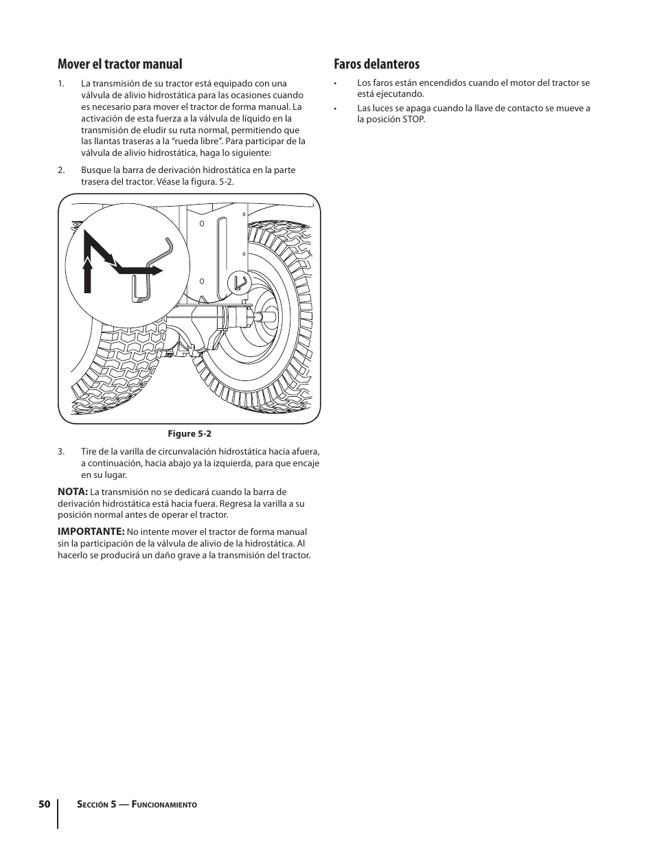 Mover el tractor manual, Faros delanteros | Troy-Bilt HYDROSTATIC LAWN TRACTOR - HORSE 769-06304 User Manual | Page 50 / 64