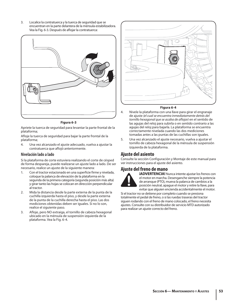 Ajuste del asiento, Ajuste del freno de mano, Nivelación lado a lado | Troy-Bilt HYDROSTATIC LAWN TRACTOR - HORSE 769-06304 User Manual | Page 53 / 64