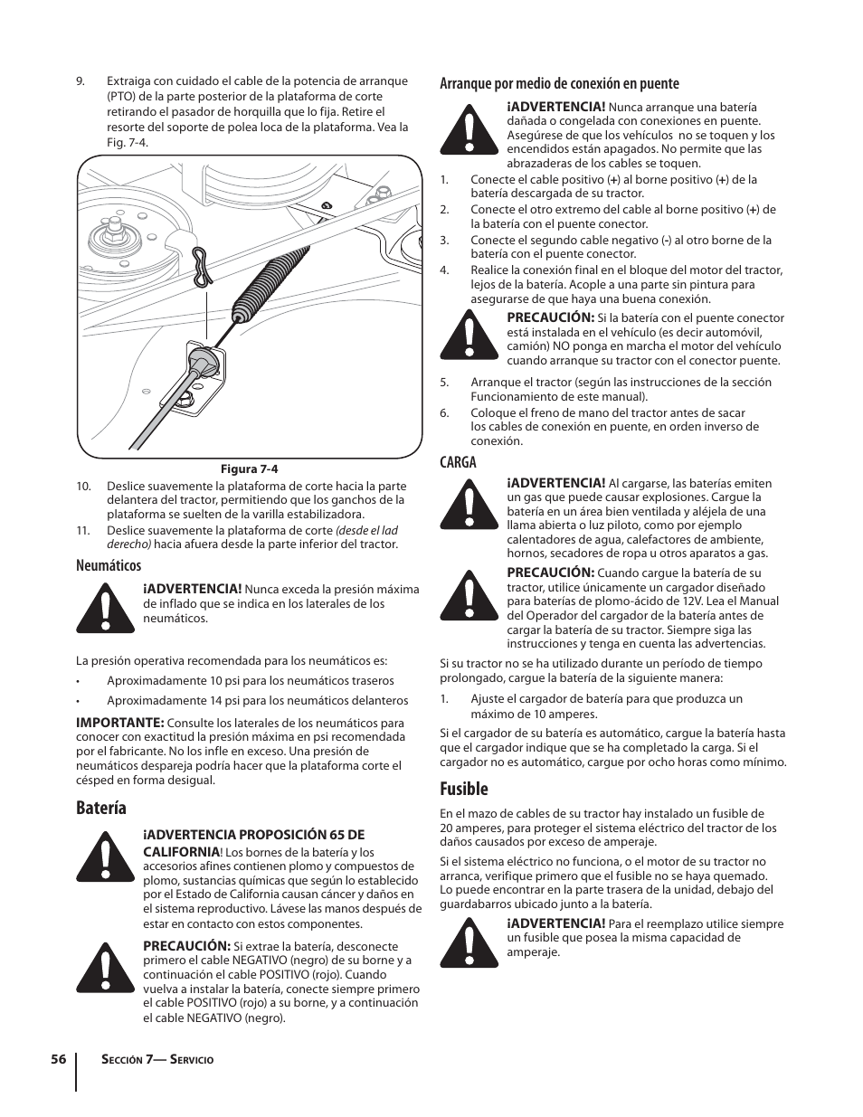 Batería, Fusible, Neumáticos | Arranque por medio de conexión en puente, Carga | Troy-Bilt HYDROSTATIC LAWN TRACTOR - HORSE 769-06304 User Manual | Page 56 / 64