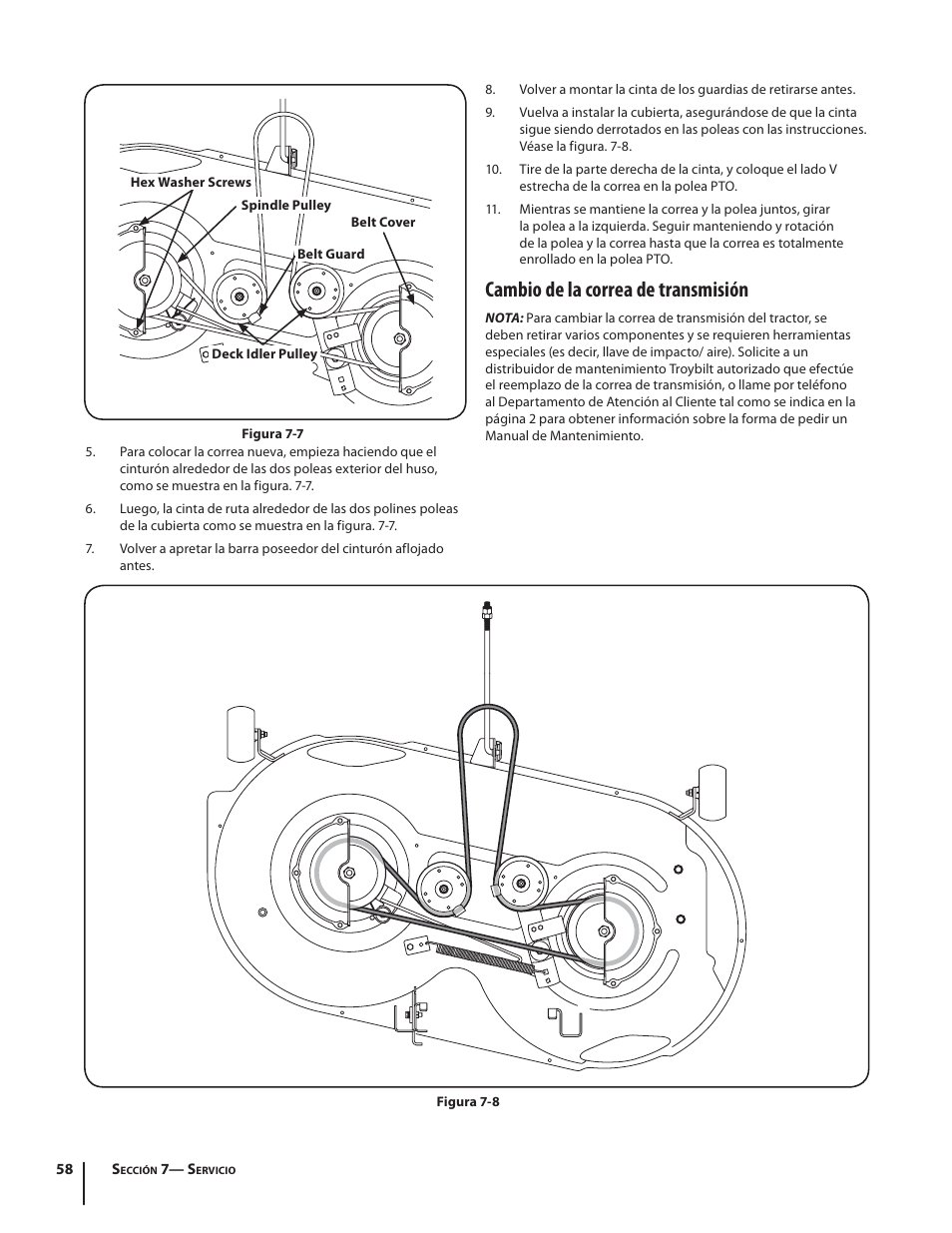 Cambio de la correa de transmisión | Troy-Bilt HYDROSTATIC LAWN TRACTOR - HORSE 769-06304 User Manual | Page 58 / 64