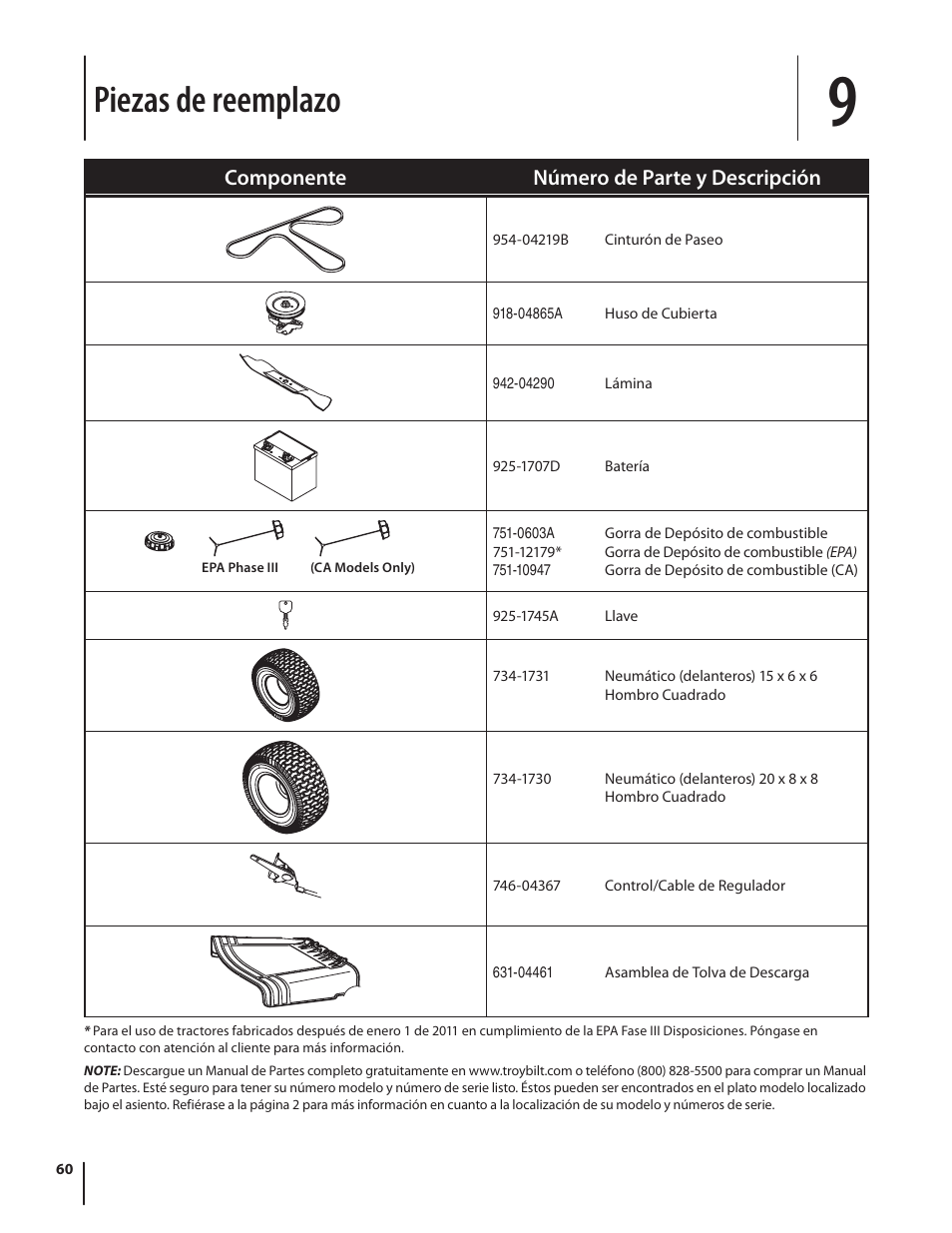 Piezas de reemplazo, Componente número de parte y descripción | Troy-Bilt HYDROSTATIC LAWN TRACTOR - HORSE 769-06304 User Manual | Page 60 / 64