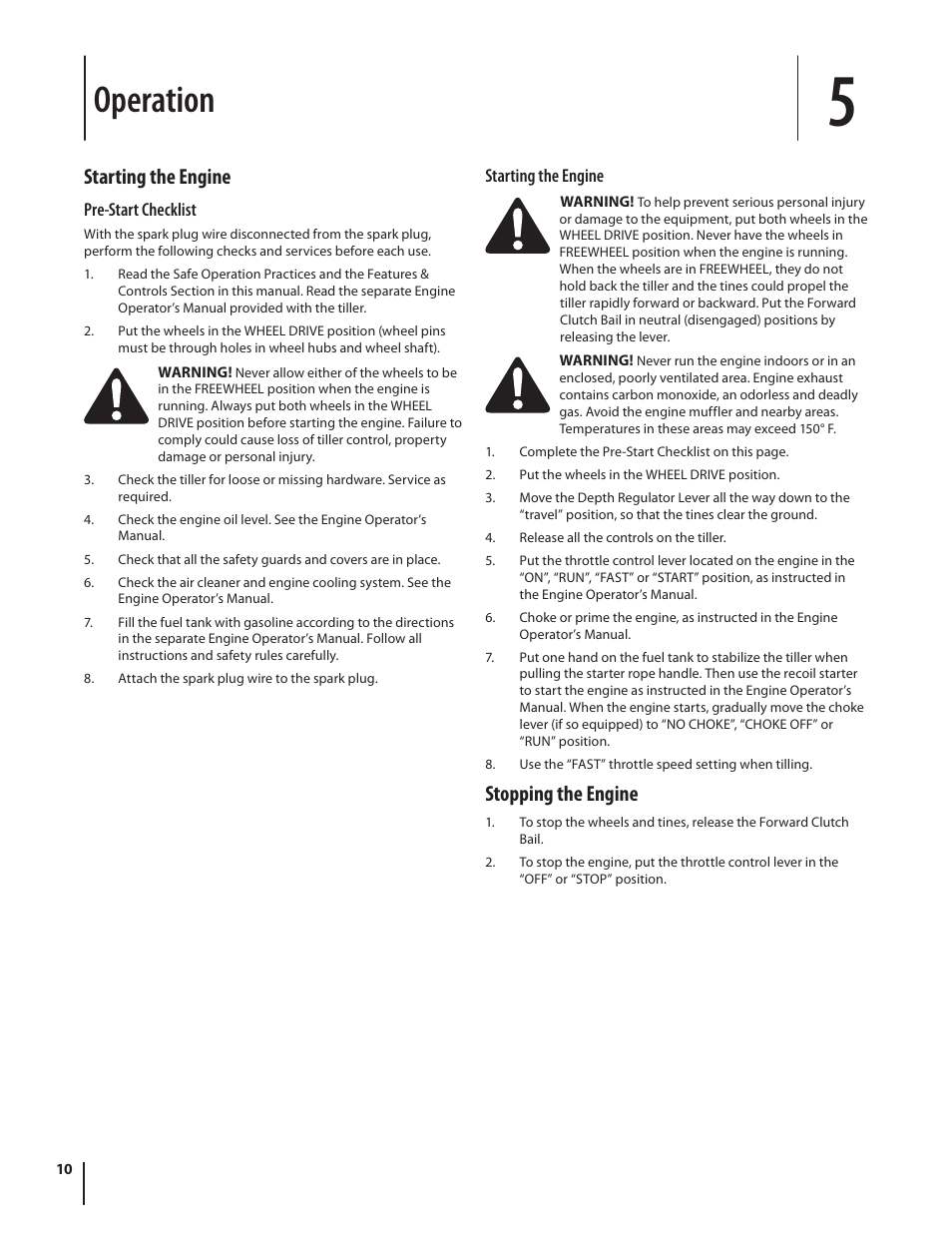 Operation, Starting the engine, Stopping the engine | Troy-Bilt series 650 User Manual | Page 10 / 20