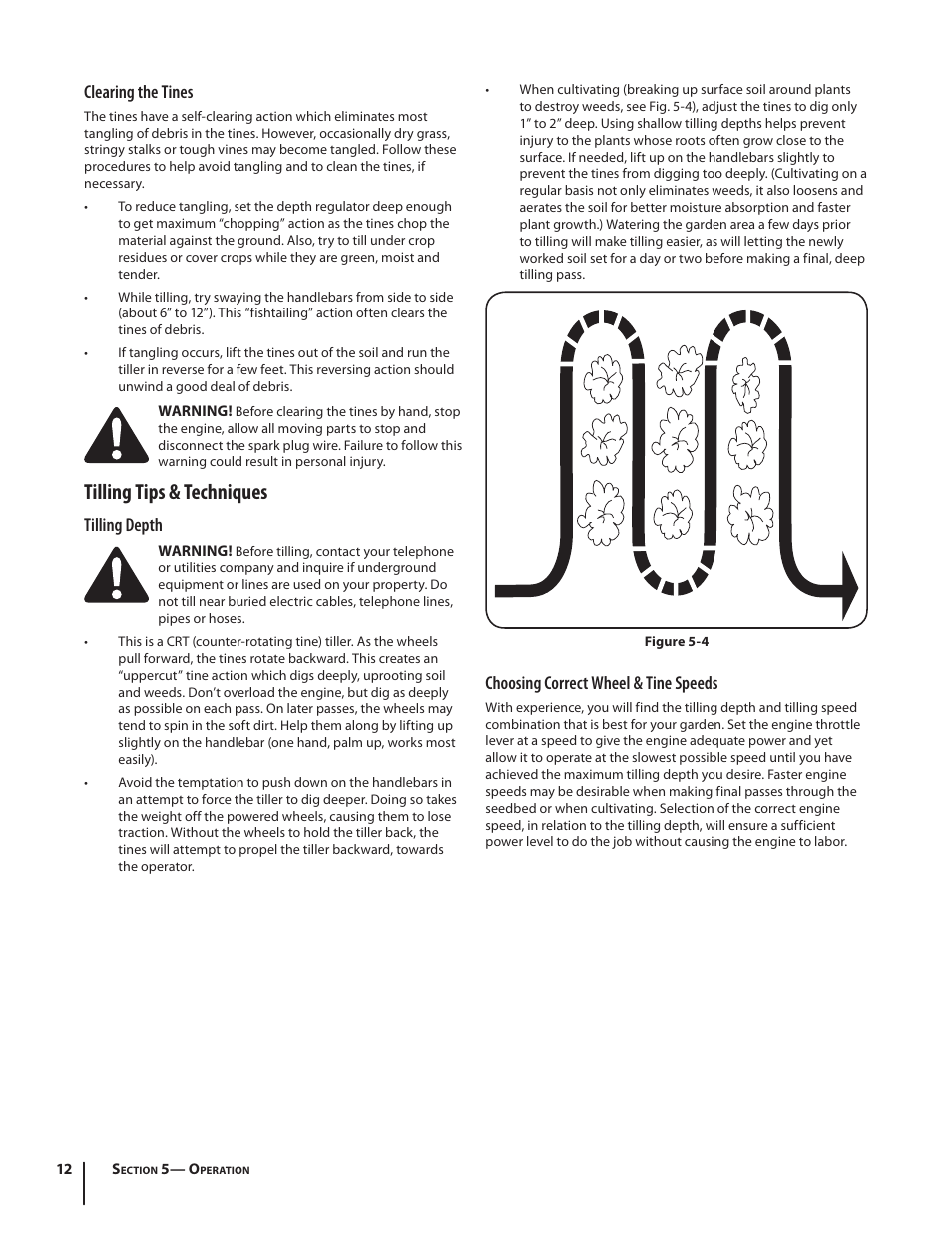 Tilling tips & techniques, Clearing the tines, Tilling depth | Choosing correct wheel & tine speeds | Troy-Bilt series 650 User Manual | Page 12 / 20