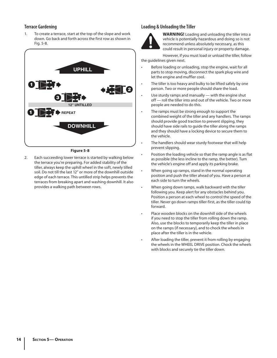 Terrace gardening, Loading & unloading the tiller | Troy-Bilt series 650 User Manual | Page 14 / 20