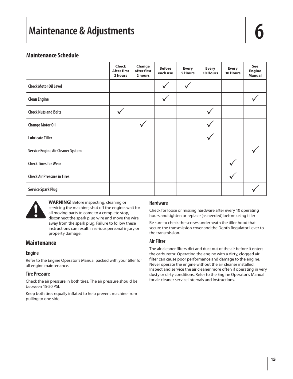 Maintenance & adjustments | Troy-Bilt series 650 User Manual | Page 15 / 20