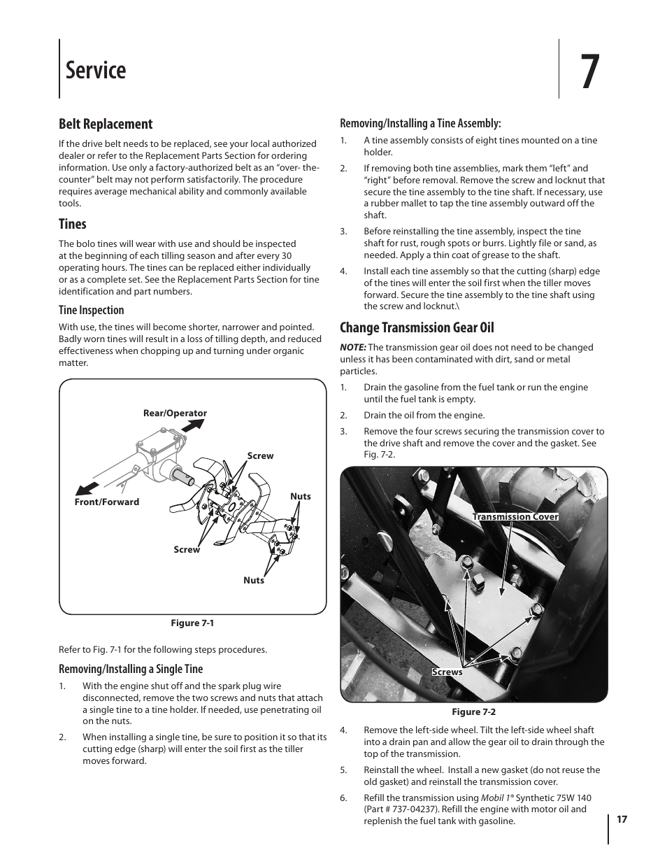 Service, Belt replacement, Tines | Change transmission gear oil | Troy-Bilt series 650 User Manual | Page 17 / 20