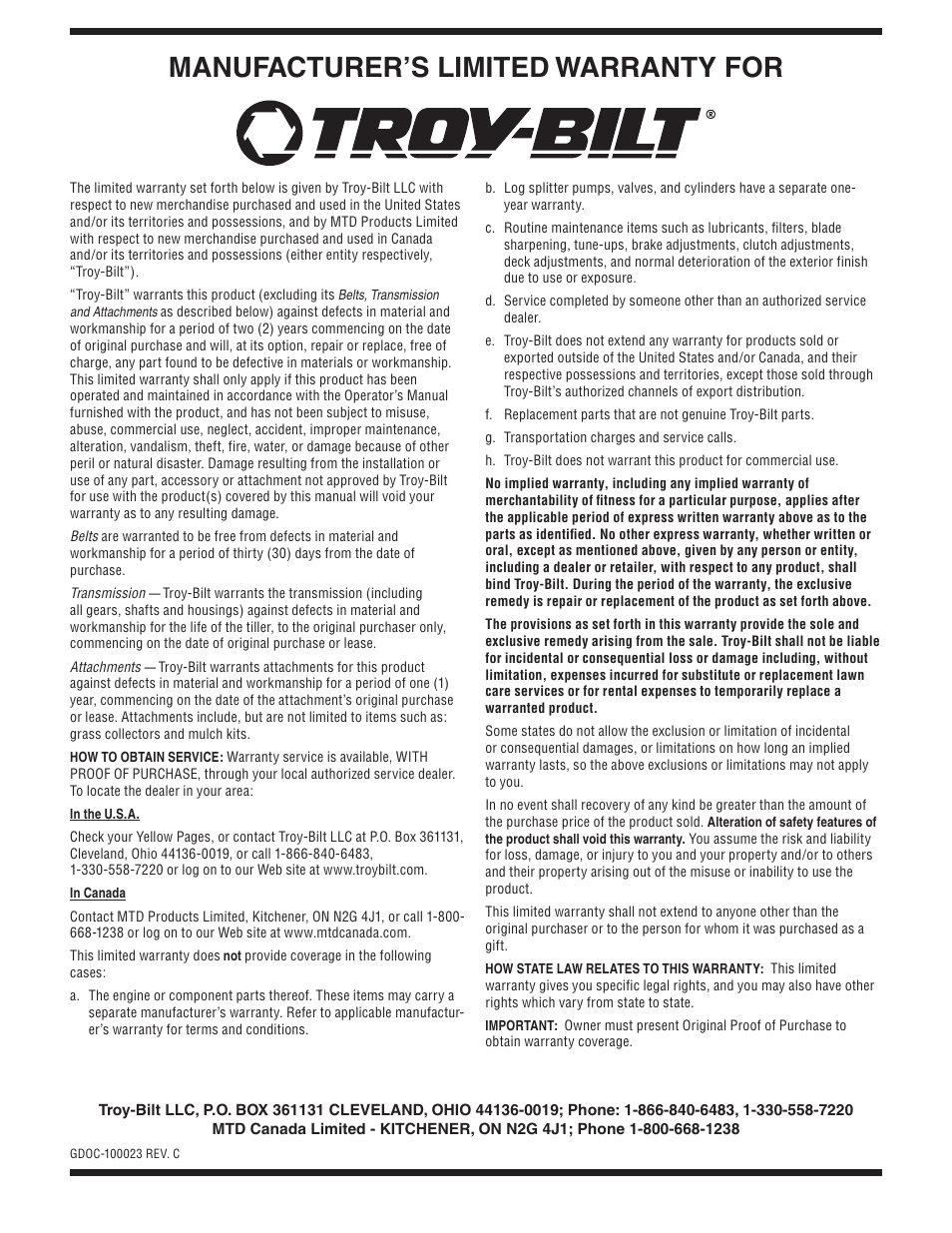 Manufacturer’s limited warranty for | Troy-Bilt series 650 User Manual | Page 20 / 20