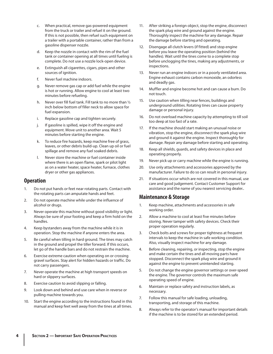 Maintenance & storage, Operation | Troy-Bilt series 650 User Manual | Page 4 / 20